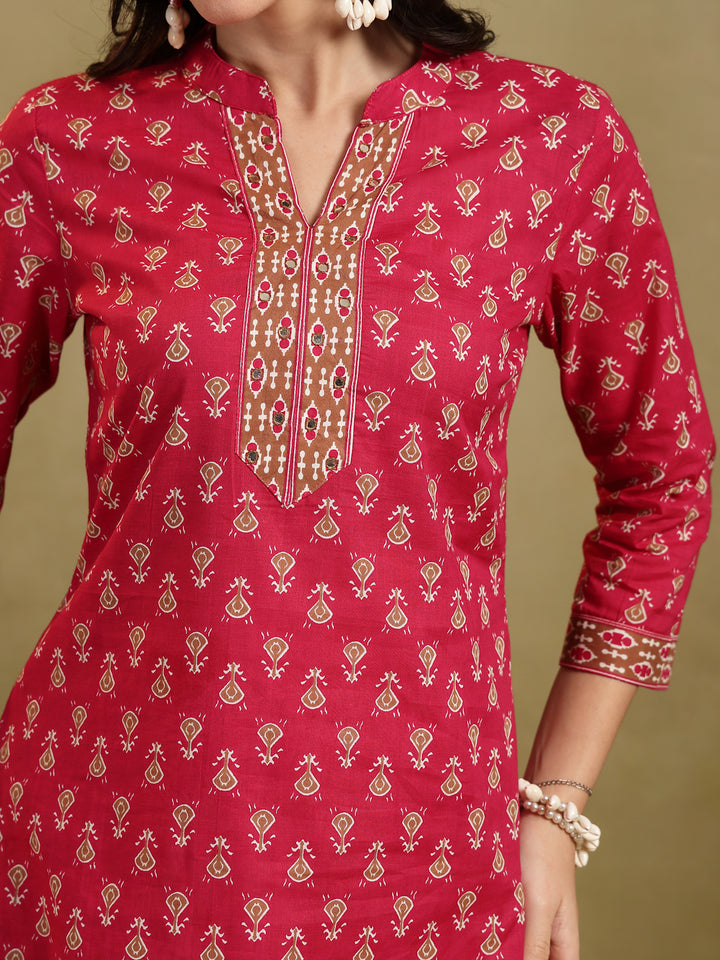 Straight Printed Embellishment Cotton Kurta Set With Malmal Dupatta