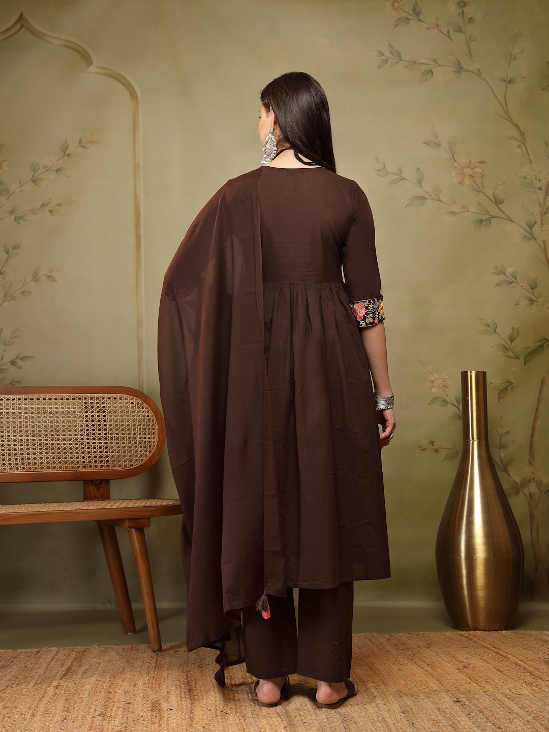 Flared Solid Embroidered Cotton Kurta Set With Malmal Dupatta