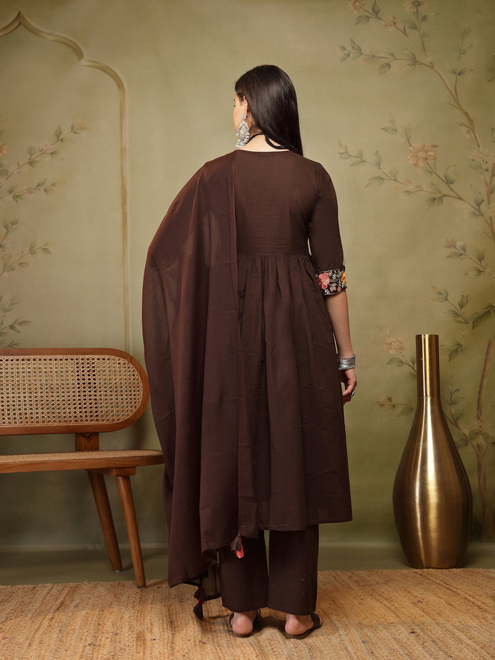 Flared Solid Embroidered Cotton Kurta Set With Malmal Dupatta