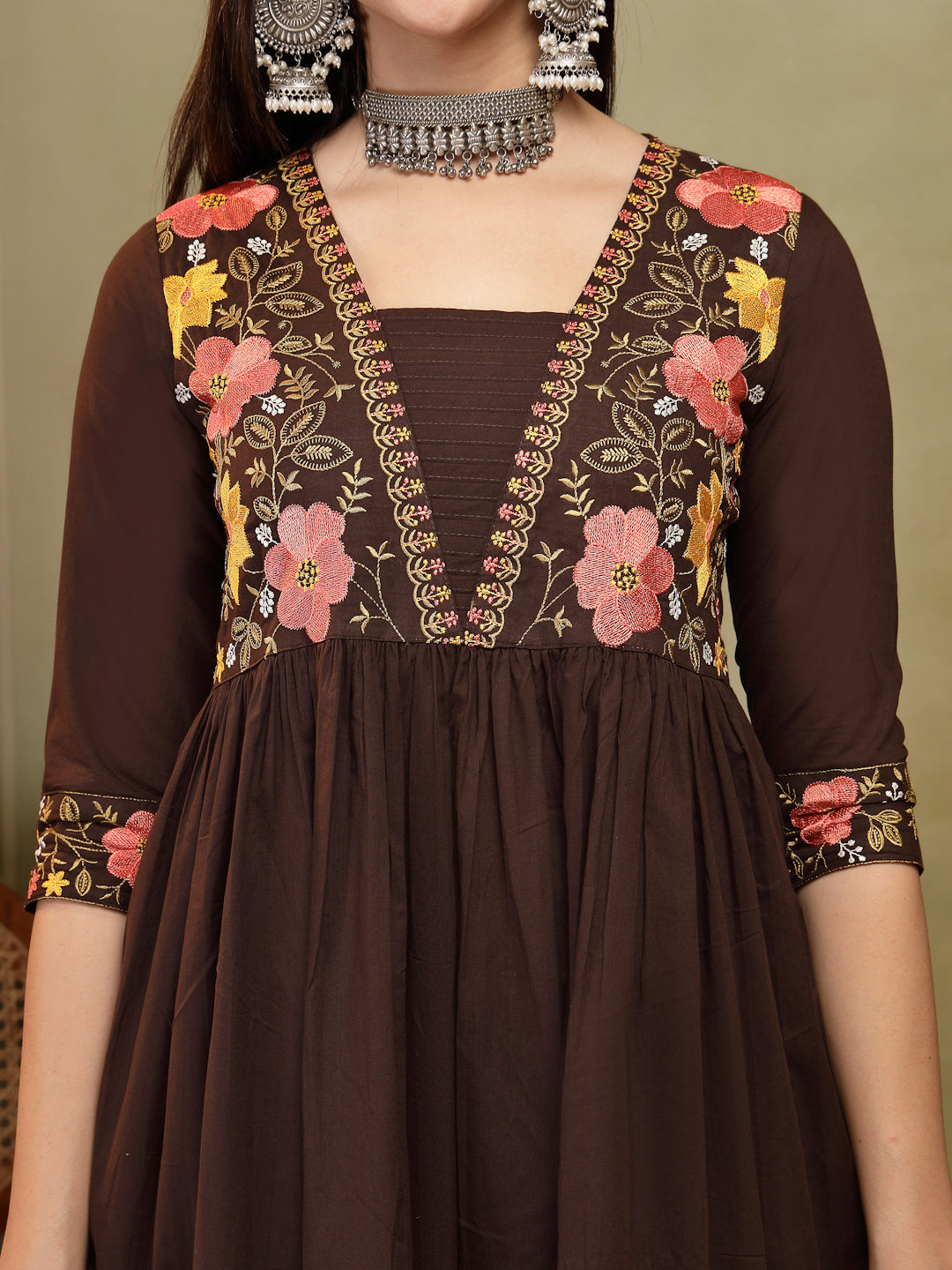 Flared Solid Embroidered Cotton Kurta Set With Malmal Dupatta