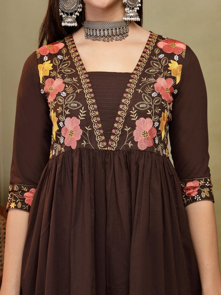 Flared Solid Embroidered Cotton Kurta Set With Malmal Dupatta