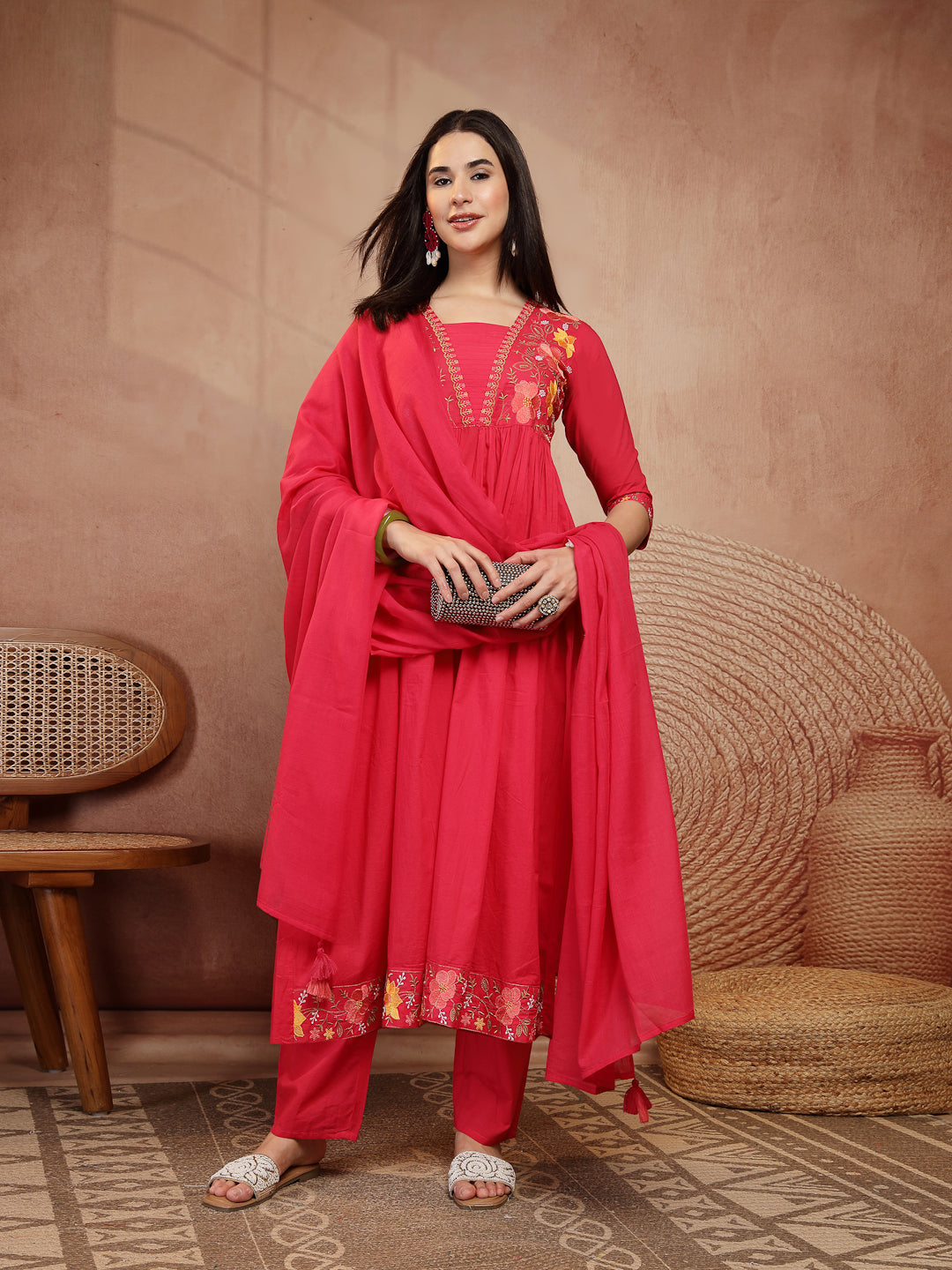Flared Solid Embroidered Cotton Kurta Set With Malmal Dupatta