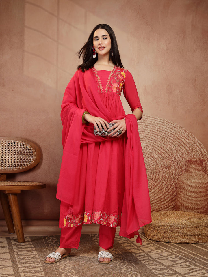 Flared Solid Embroidered Cotton Kurta Set With Malmal Dupatta
