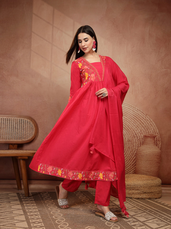 Flared Solid Embroidered Cotton Kurta Set With Malmal Dupatta