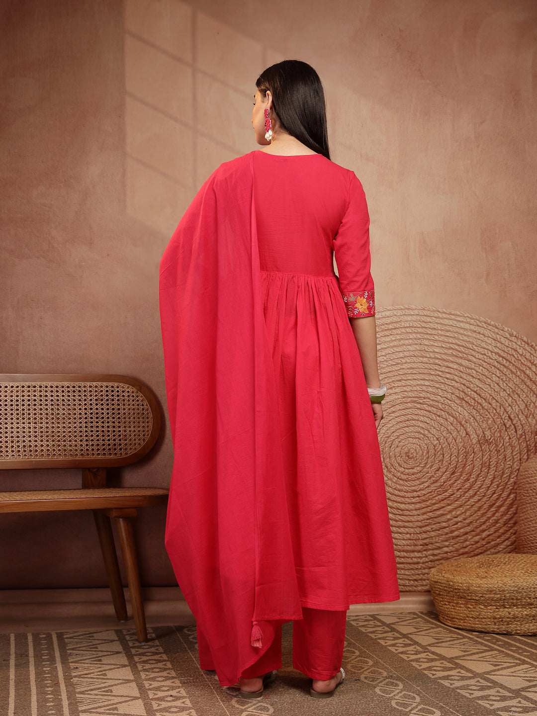Flared Solid Embroidered Cotton Kurta Set With Malmal Dupatta