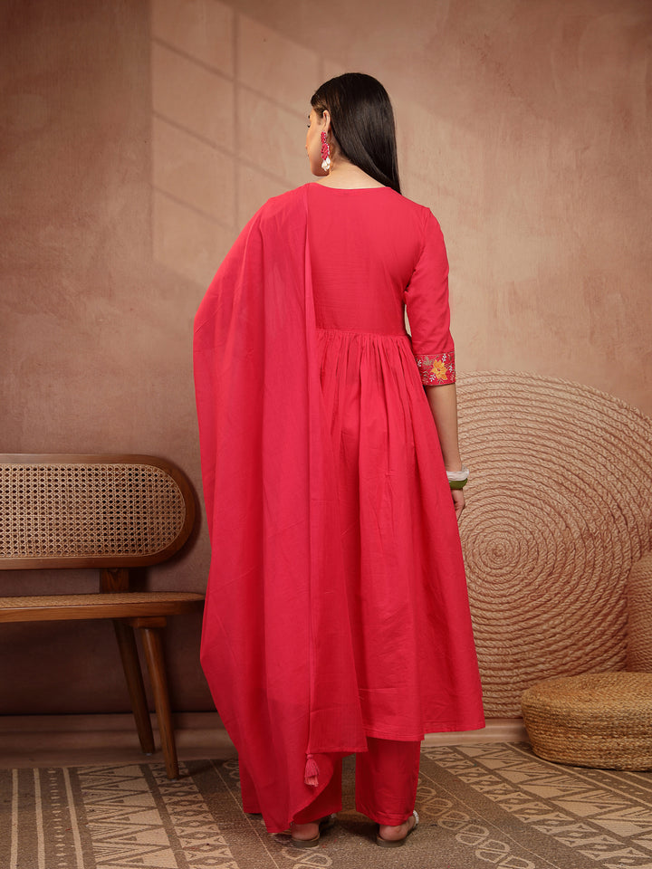 Flared Solid Embroidered Cotton Kurta Set With Malmal Dupatta