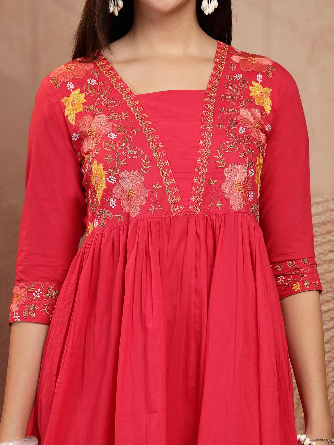 Flared Solid Embroidered Cotton Kurta Set With Malmal Dupatta