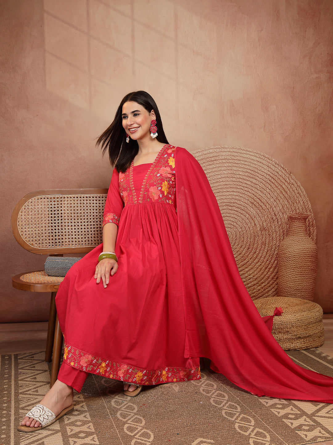 Flared Solid Embroidered Cotton Kurta Set With Malmal Dupatta