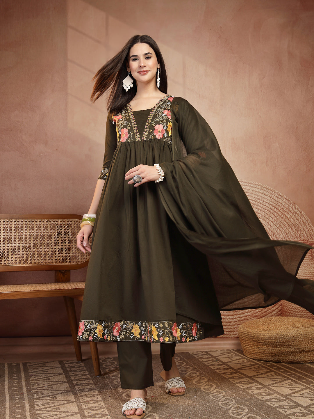 Flared Solid Embroidered Cotton Kurta Set With Malmal Dupatta