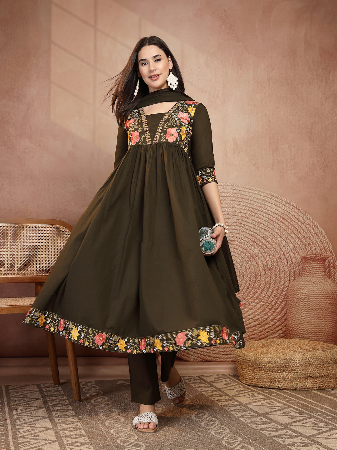 Flared Solid Embroidered Cotton Kurta Set With Malmal Dupatta