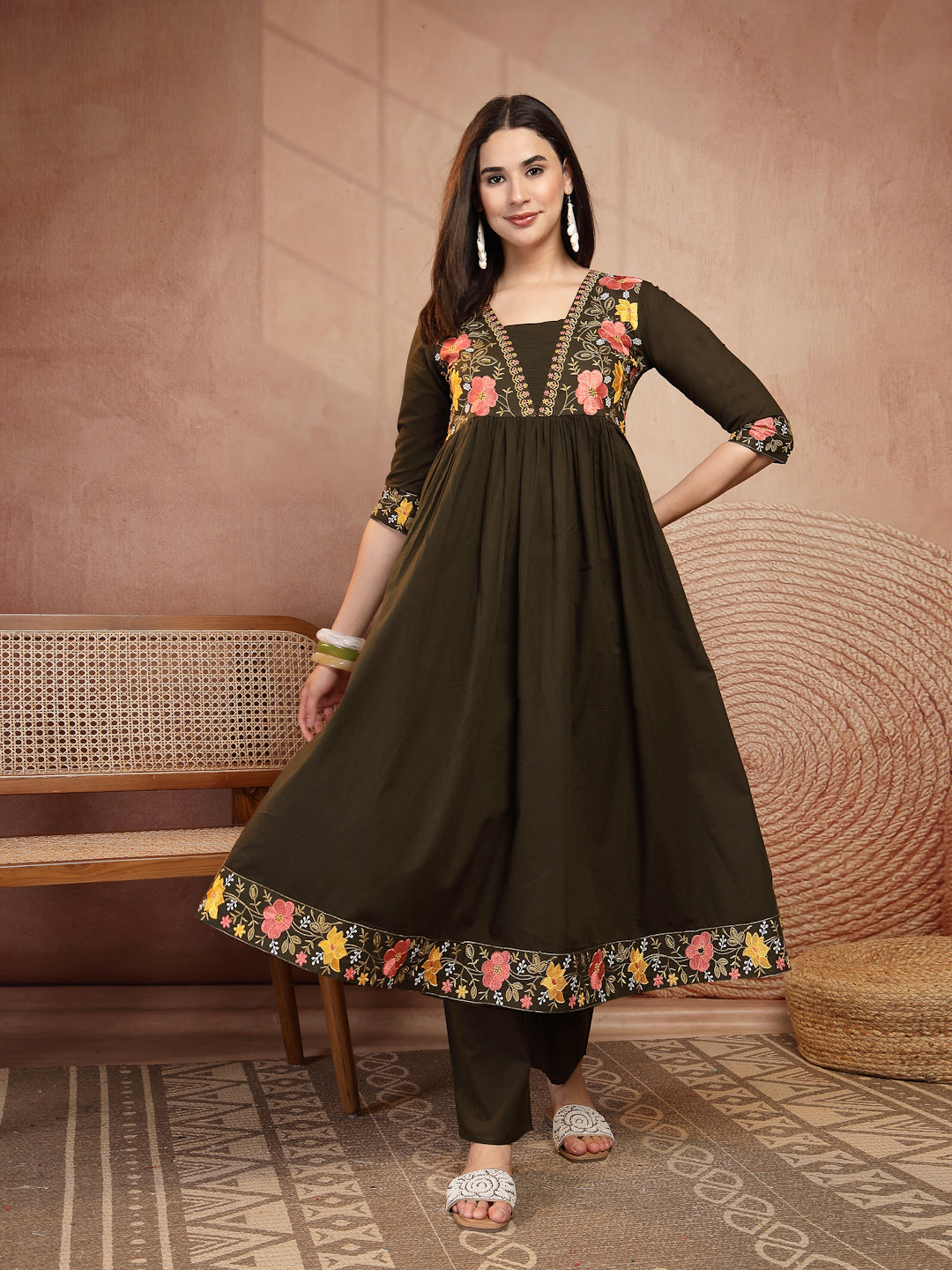 Flared Solid Embroidered Cotton Kurta Set With Malmal Dupatta