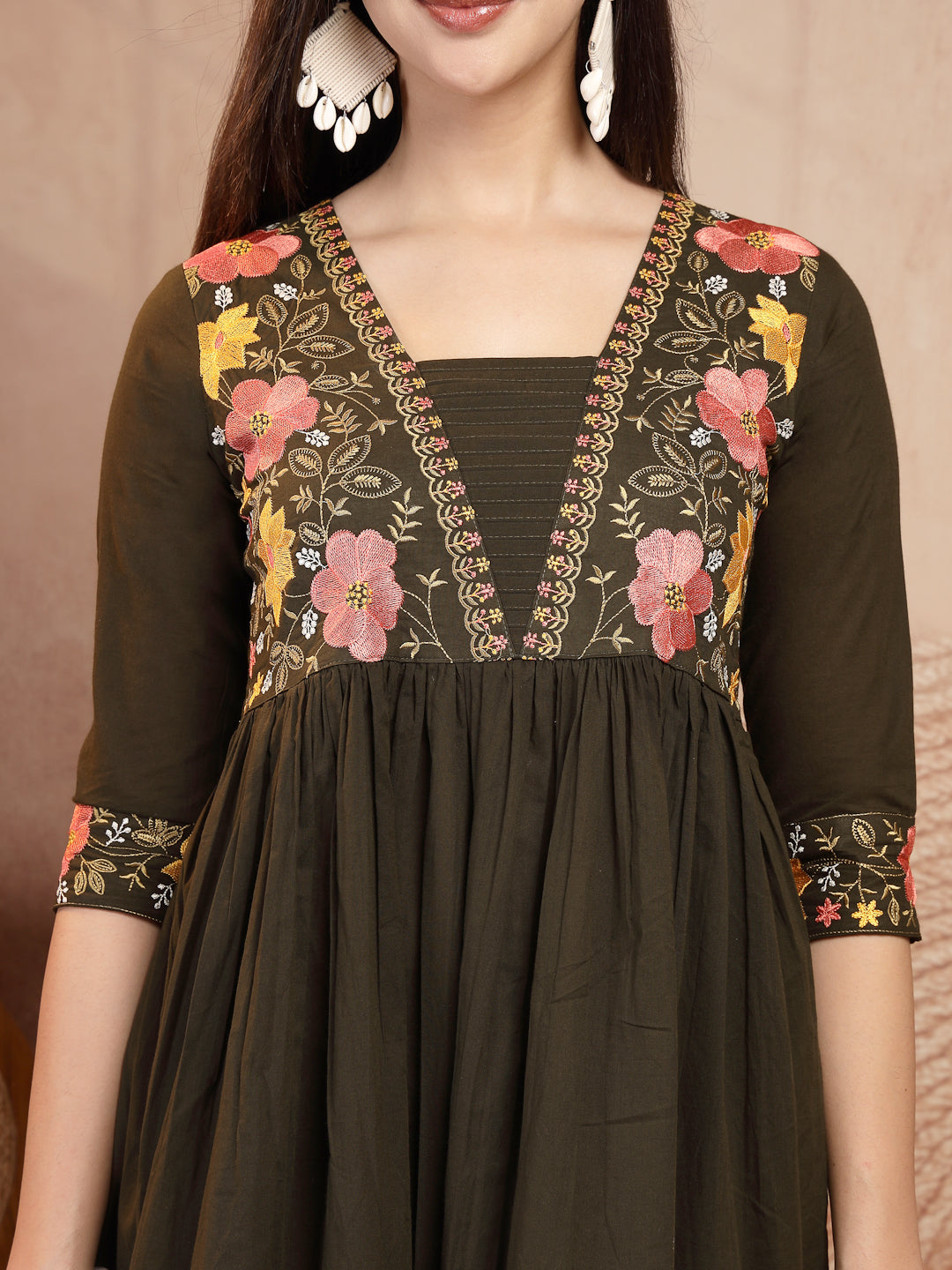 Flared Solid Embroidered Cotton Kurta Set With Malmal Dupatta