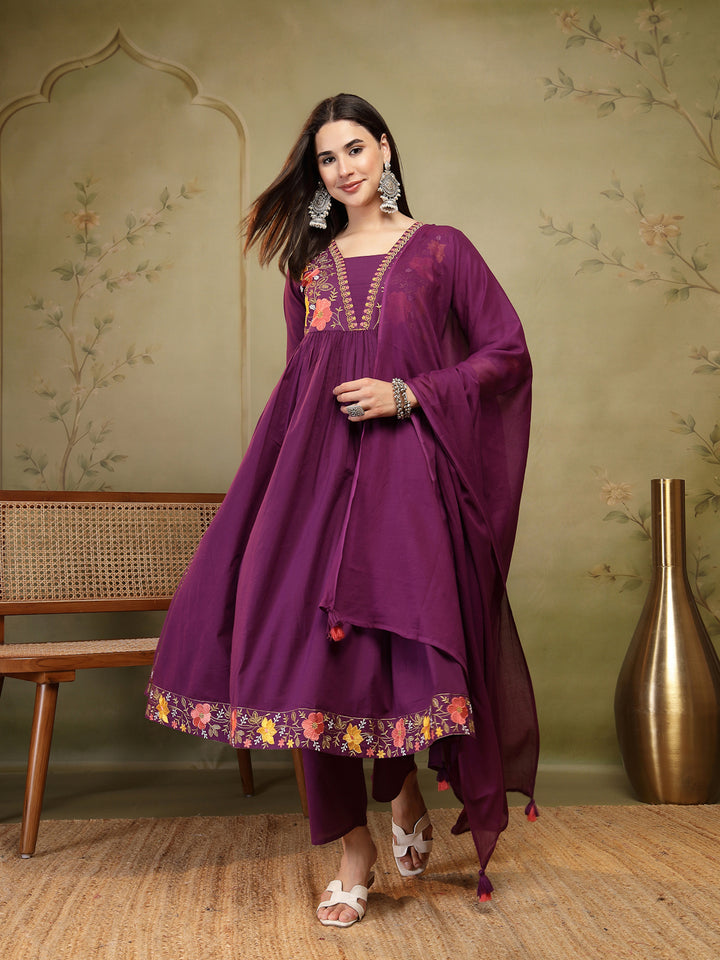 Flared Solid Embroidered Cotton Kurta Set With Malmal Dupatta