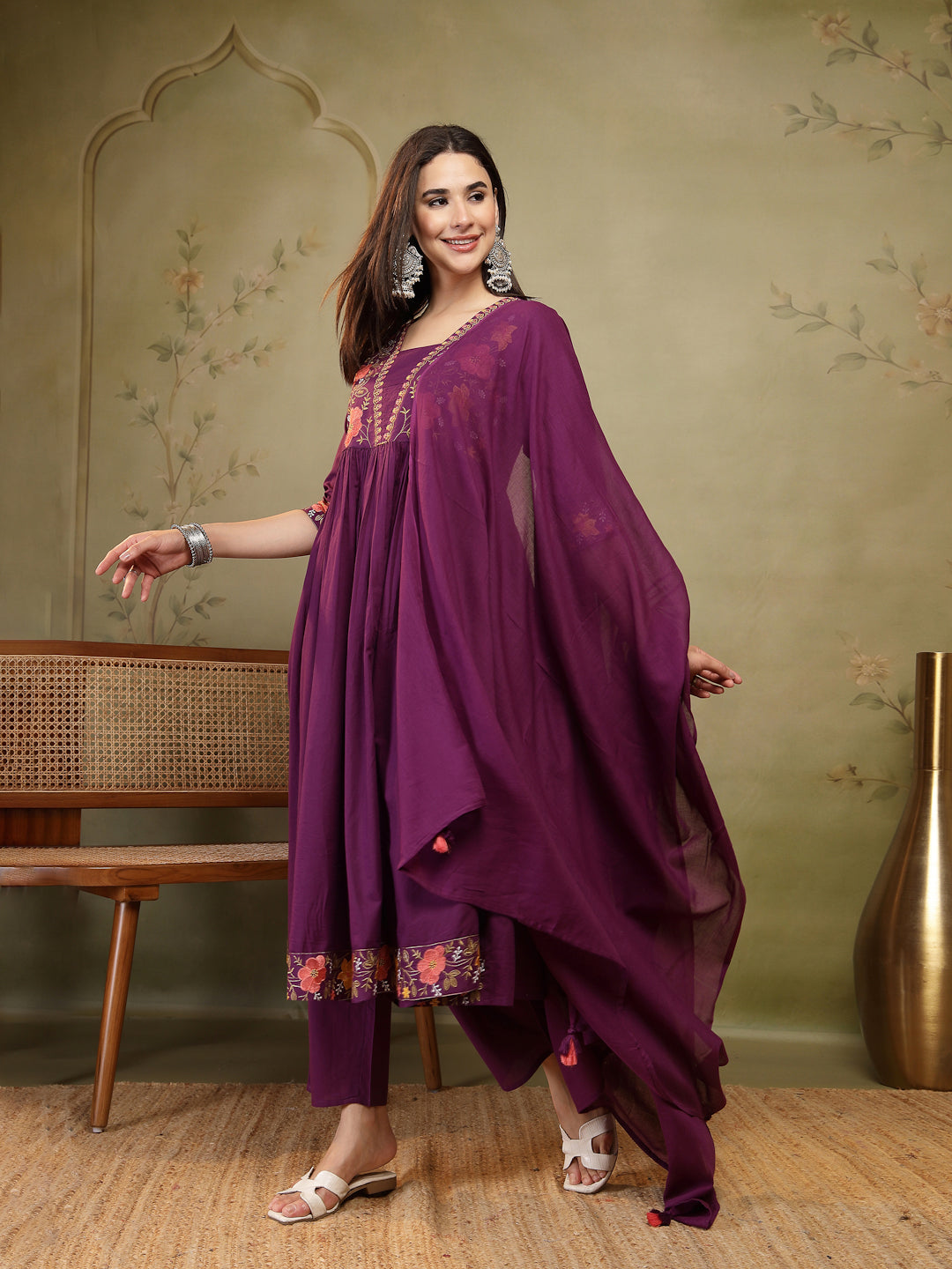 Flared Solid Embroidered Cotton Kurta Set With Malmal Dupatta