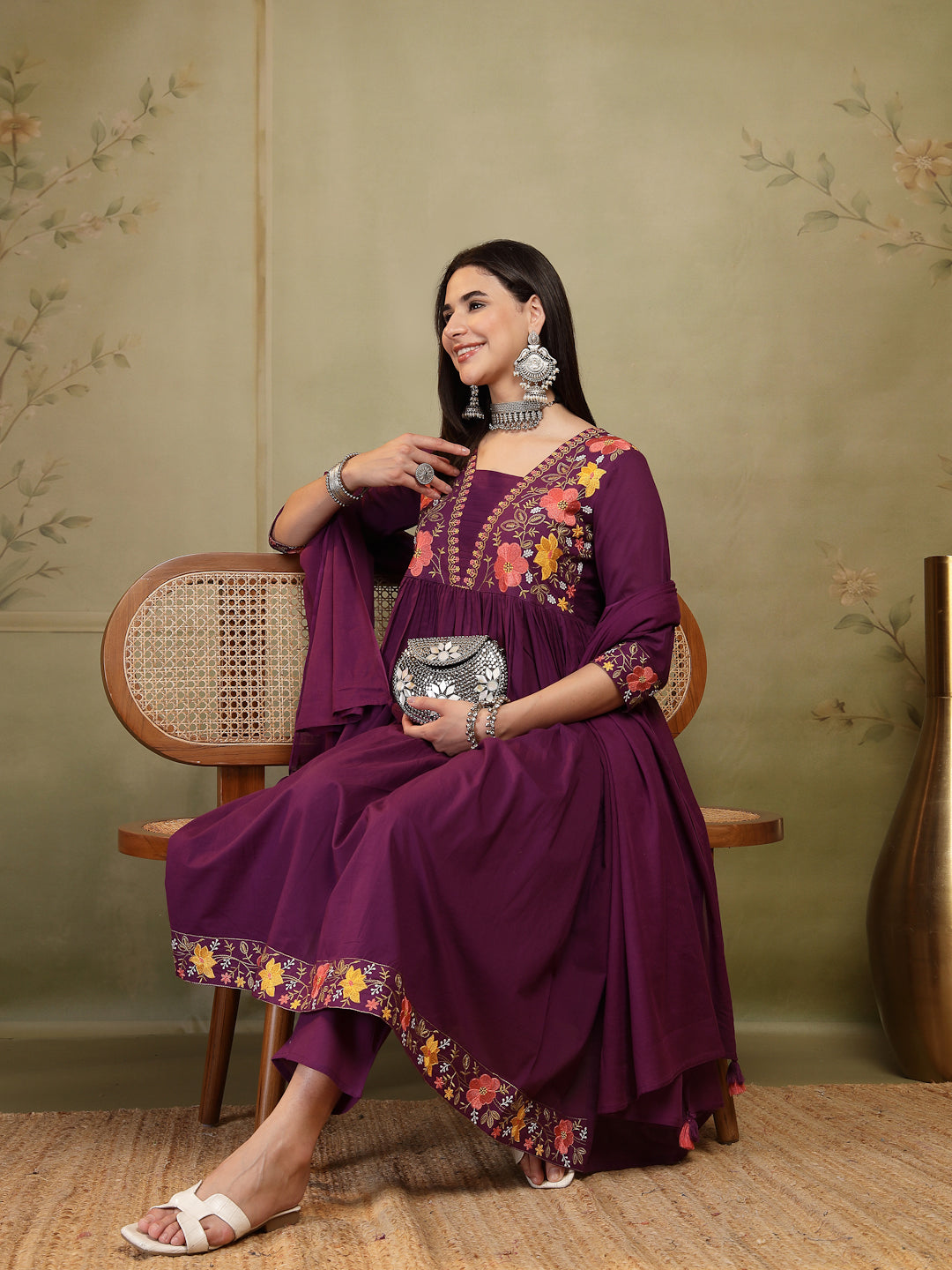 Flared Solid Embroidered Cotton Kurta Set With Malmal Dupatta