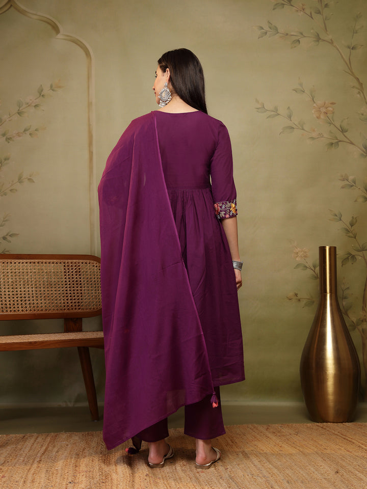 Flared Solid Embroidered Cotton Kurta Set With Malmal Dupatta