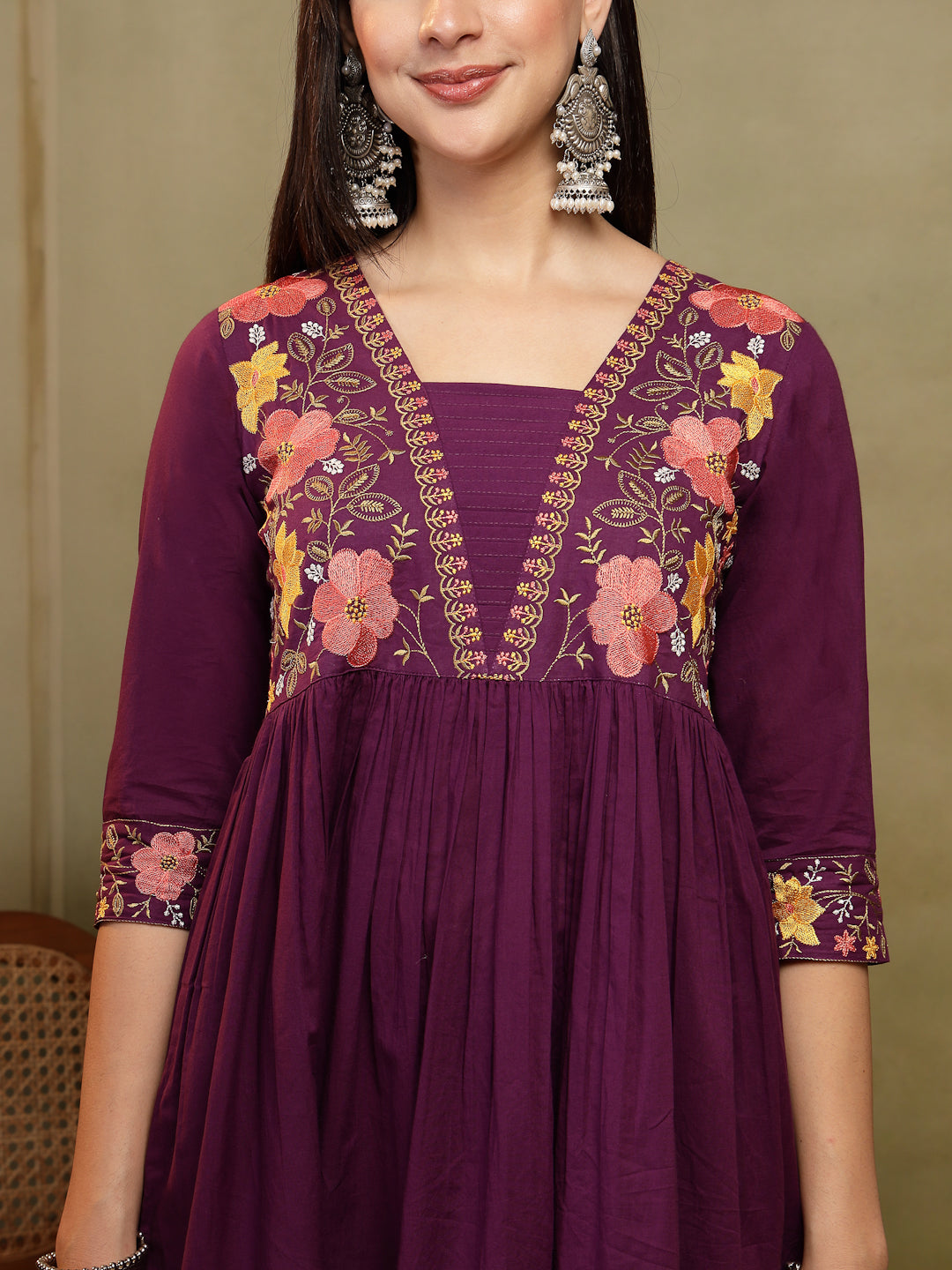 Flared Solid Embroidered Cotton Kurta Set With Malmal Dupatta