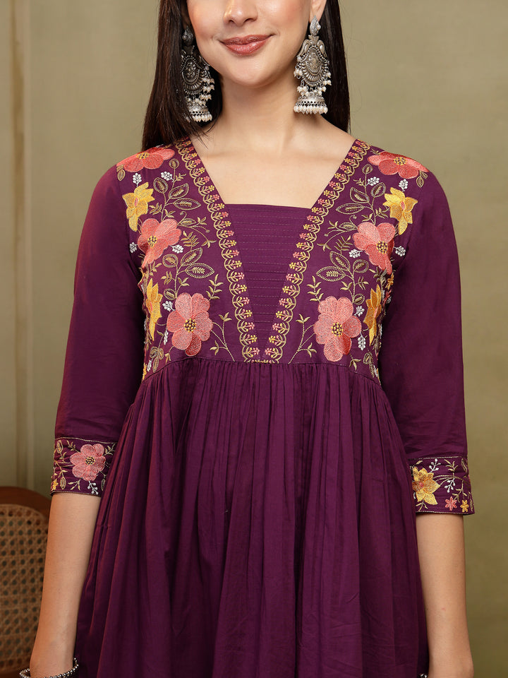 Flared Solid Embroidered Cotton Kurta Set With Malmal Dupatta