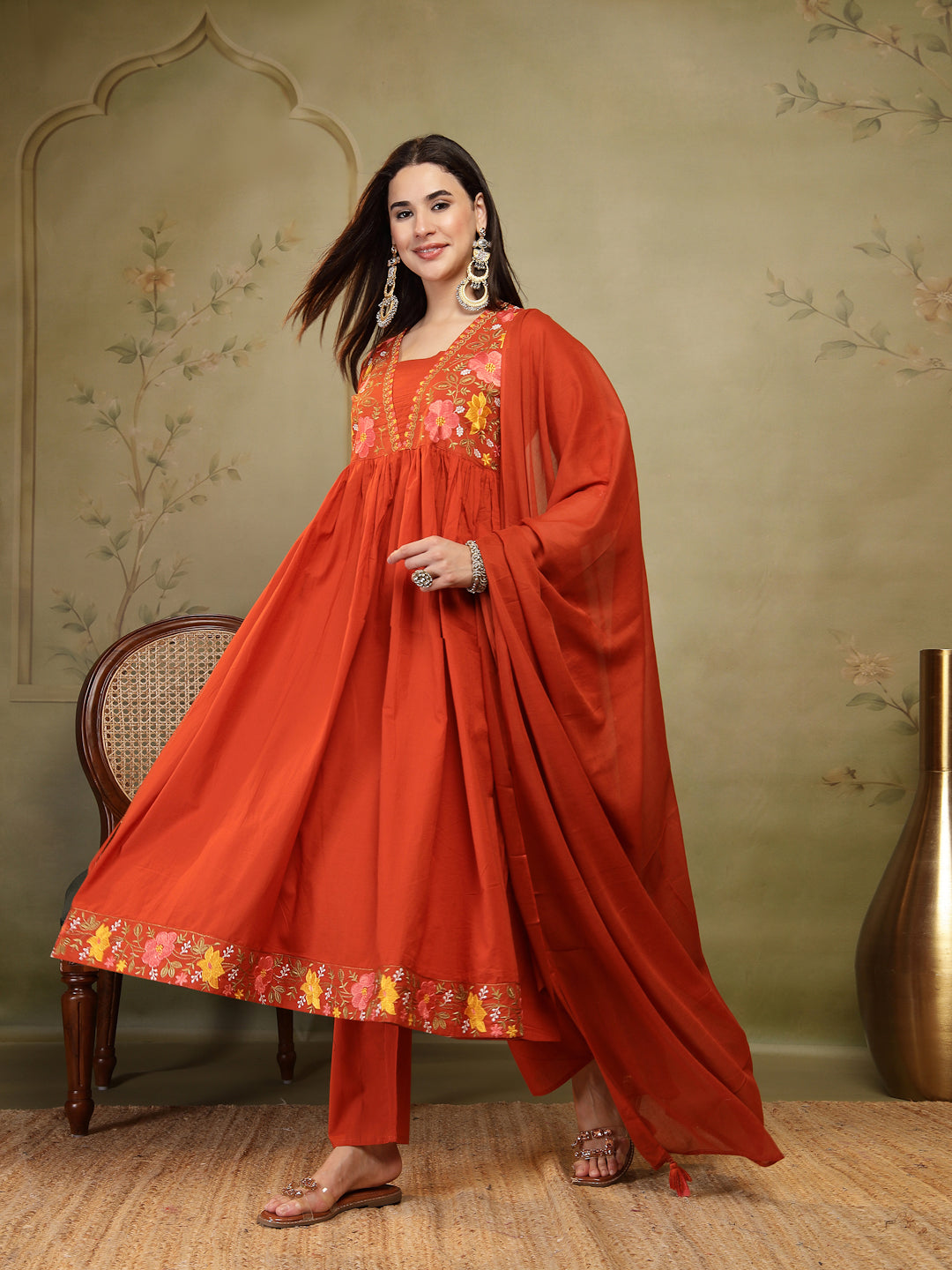 Flared Solid Embroidered Cotton Kurta Set With Malmal Dupatta