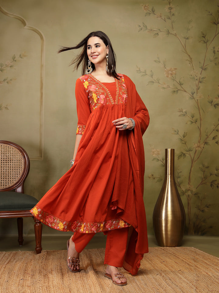 Flared Solid Embroidered Cotton Kurta Set With Malmal Dupatta
