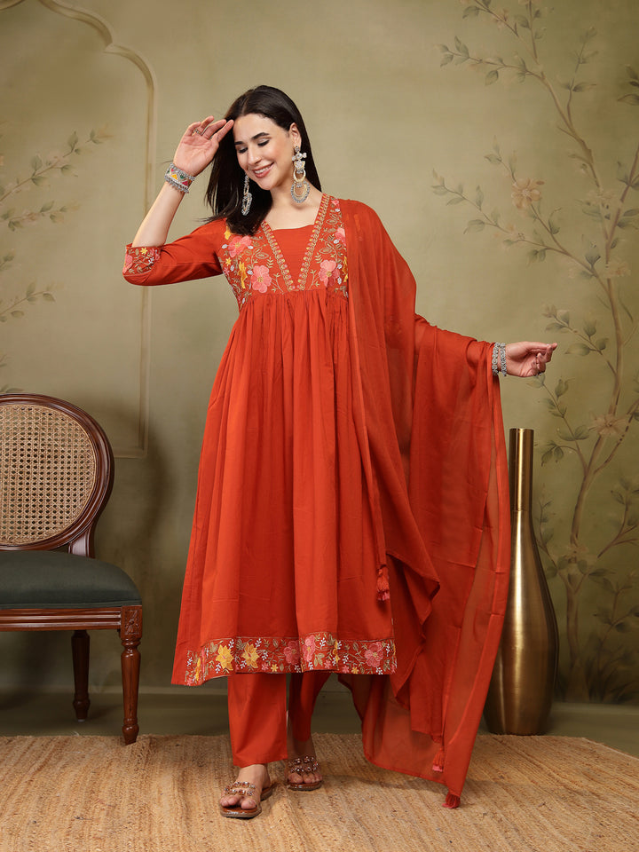 Flared Solid Embroidered Cotton Kurta Set With Malmal Dupatta