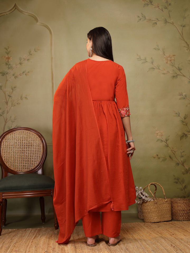 Flared Solid Embroidered Cotton Kurta Set With Malmal Dupatta