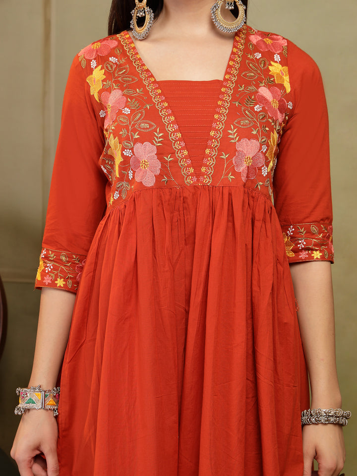 Flared Solid Embroidered Cotton Kurta Set With Malmal Dupatta