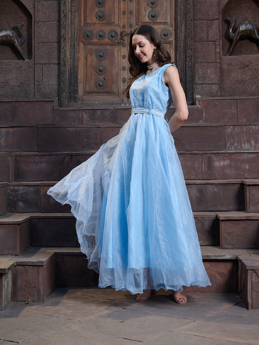 Sky Blue Solid & Embroidered Party Wear Satin Gown (Pre-Order)