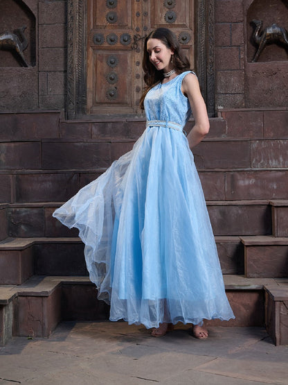 Sky Blue Solid & Embroidered Party Wear Satin Gown (Pre-Order)