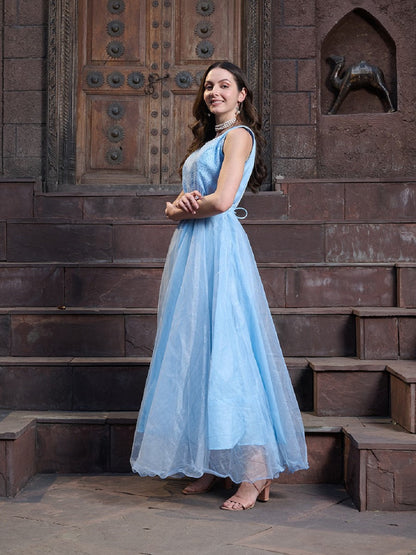 Sky Blue Solid & Embroidered Party Wear Satin Gown (Pre-Order)