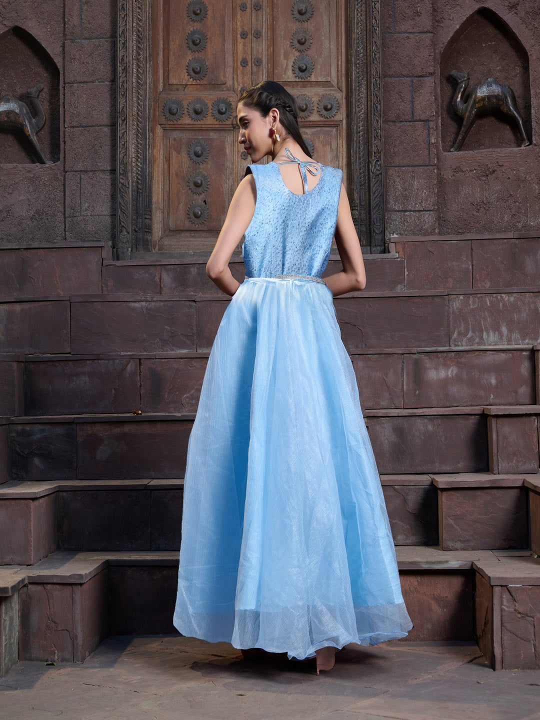 Sky Blue Solid & Embroidered Party Wear Satin Gown (Pre-Order)