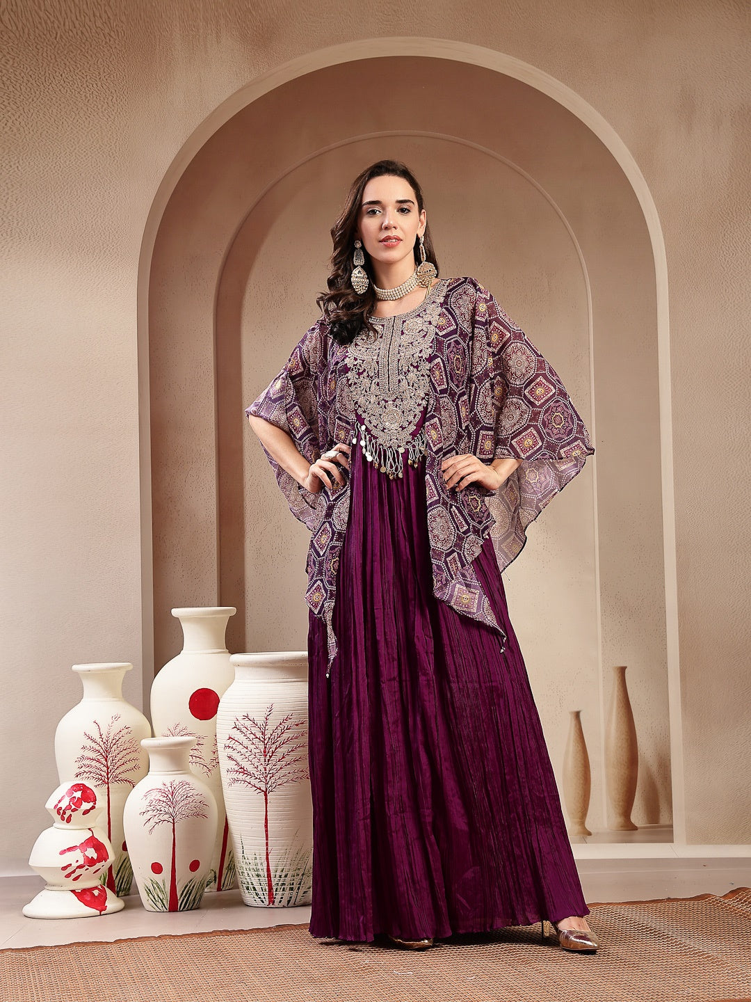 Violet Solid &amp; Embroidered Party Wear Chinon Gown