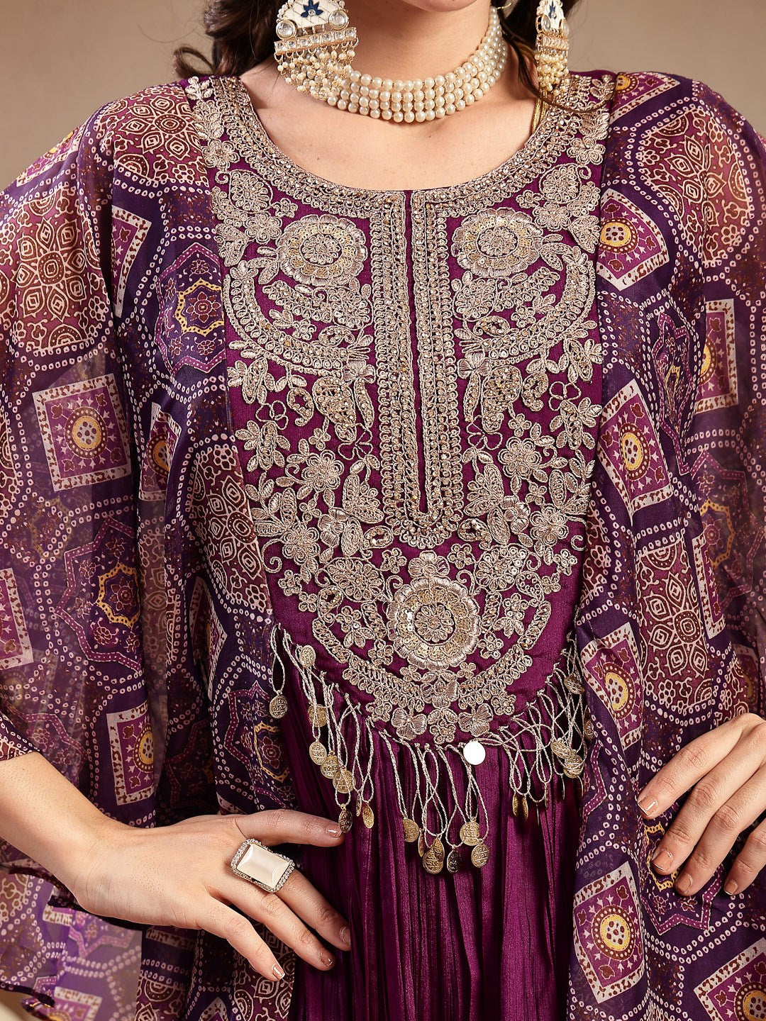 Violet Solid &amp; Embroidered Party Wear Chinon Gown