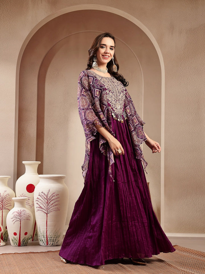 Violet Solid &amp; Embroidered Party Wear Chinon Gown