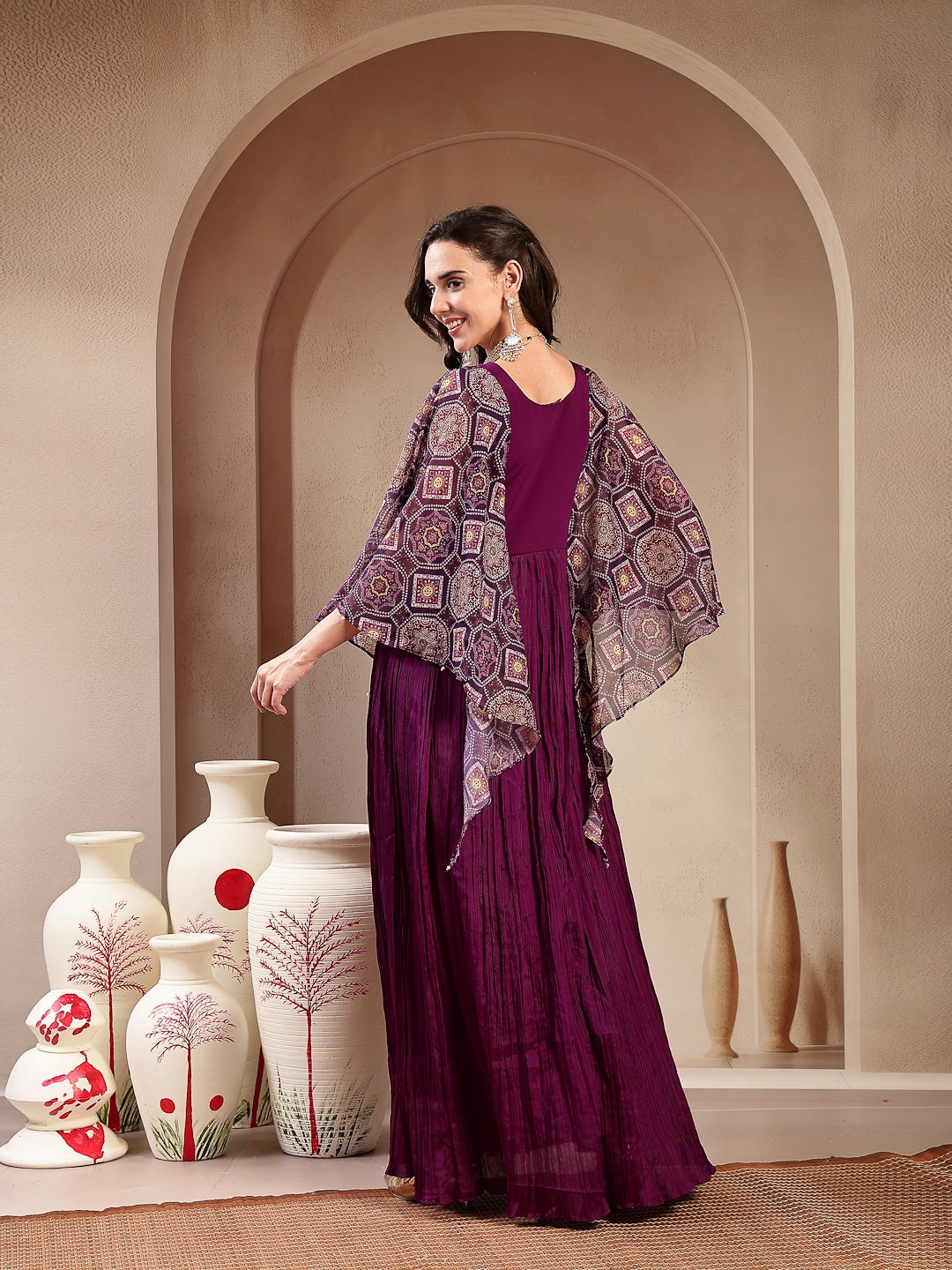 Violet Solid &amp; Embroidered Party Wear Chinon Gown