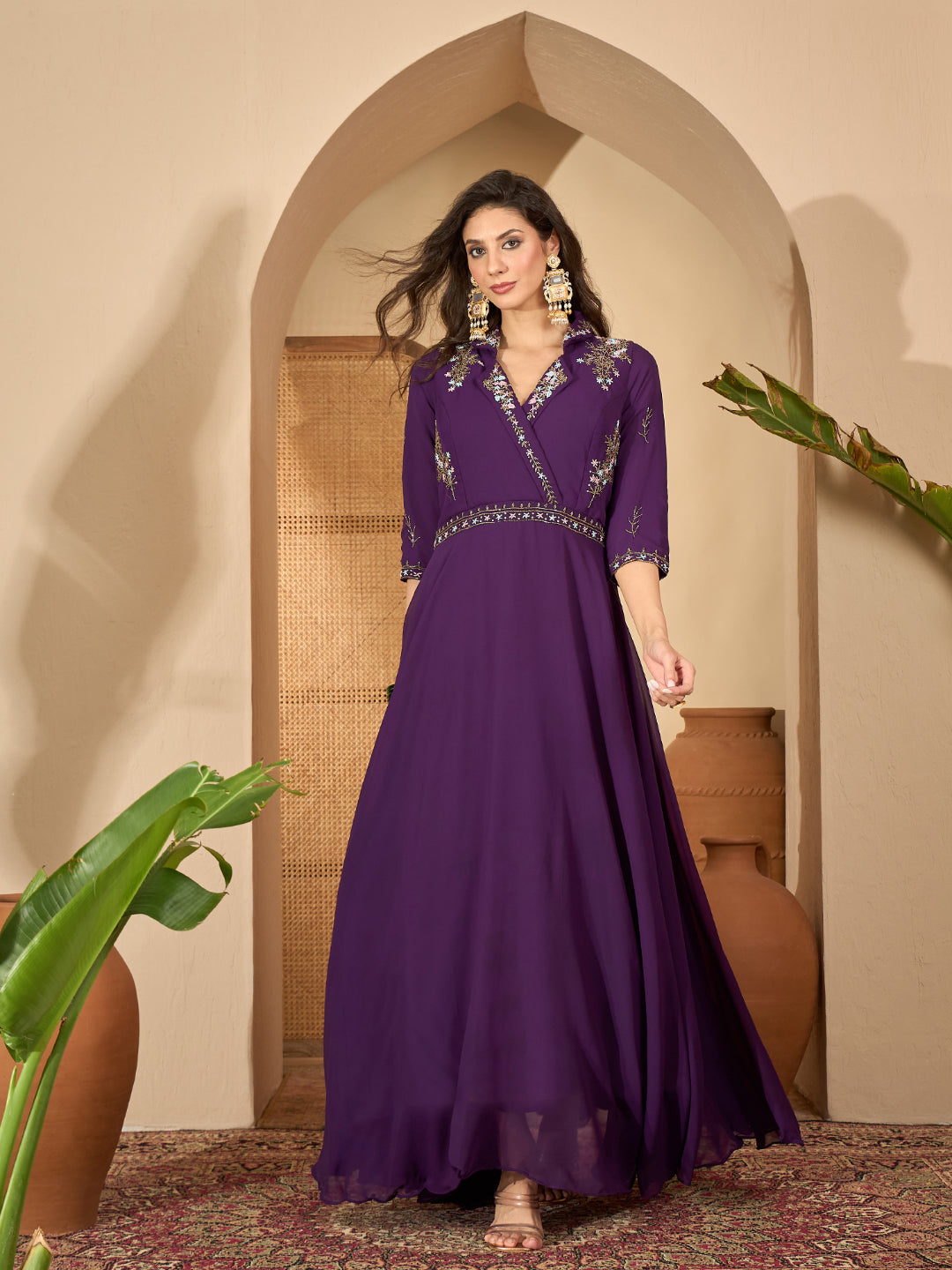 Violet Solid &amp; Embroidered Party Wear Georgette Gown