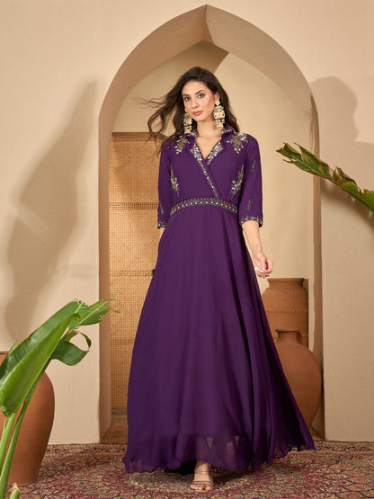 Violet Solid & Embroidered Party Wear Georgette Gown