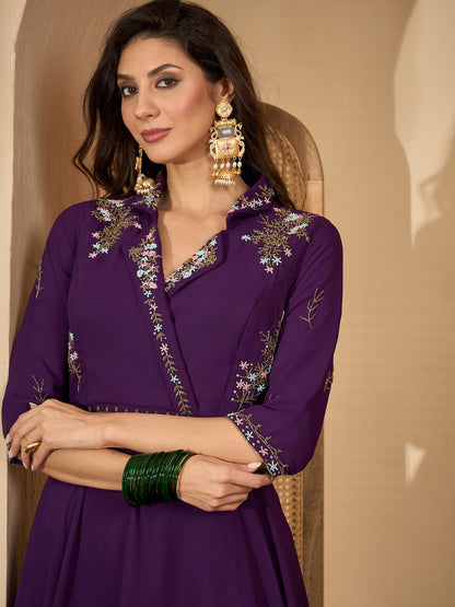 Violet Solid & Embroidered Party Wear Georgette Gown