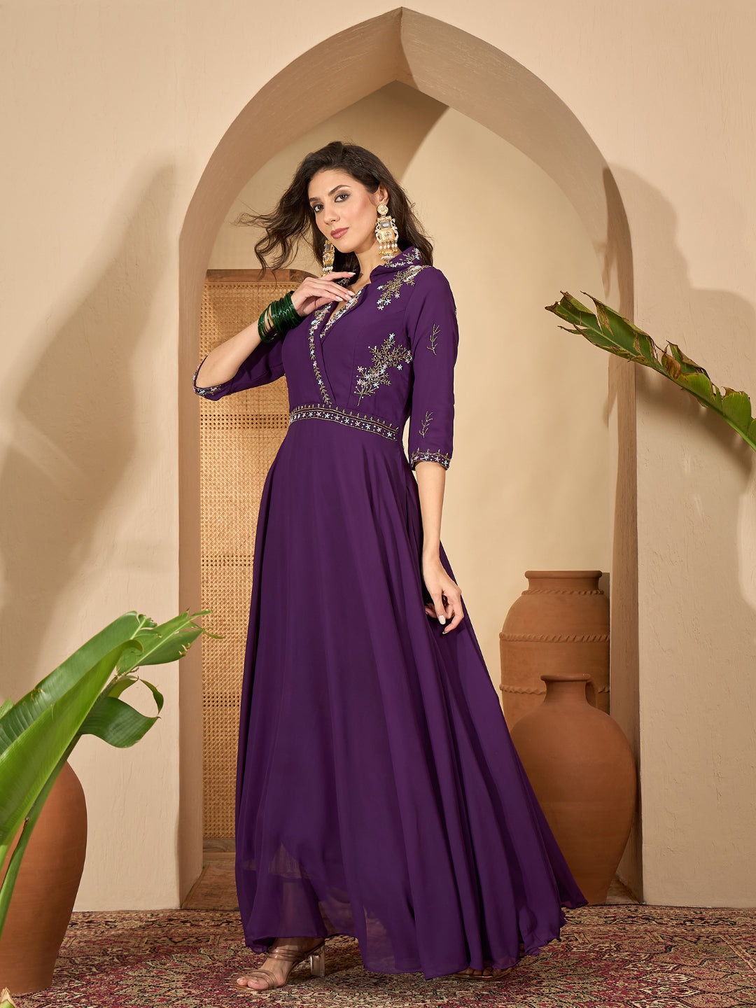 Violet Solid &amp; Embroidered Party Wear Georgette Gown