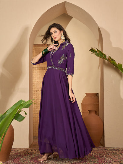 Violet Solid & Embroidered Party Wear Georgette Gown
