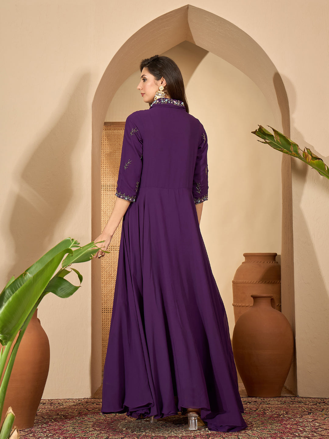 Violet Solid &amp; Embroidered Party Wear Georgette Gown