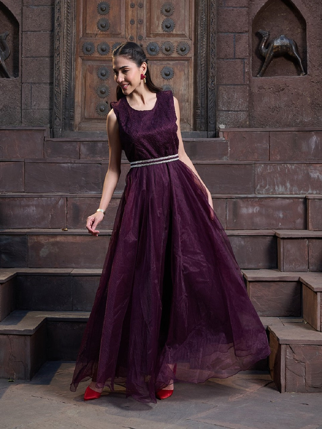 Wine Solid &amp; Embroidered Party Wear Satin Gown
