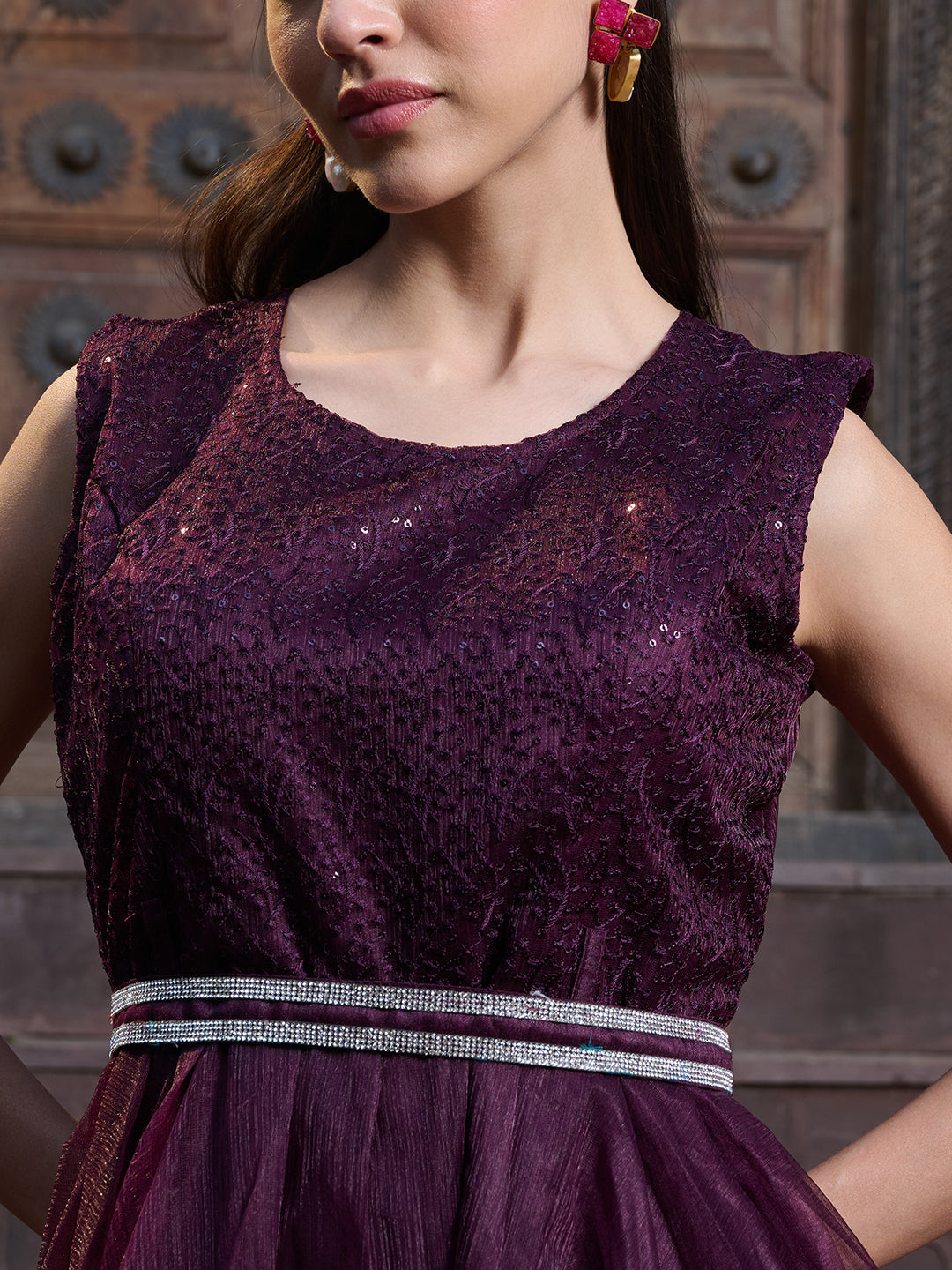 Wine Solid & Embroidered Party Wear Satin Gown