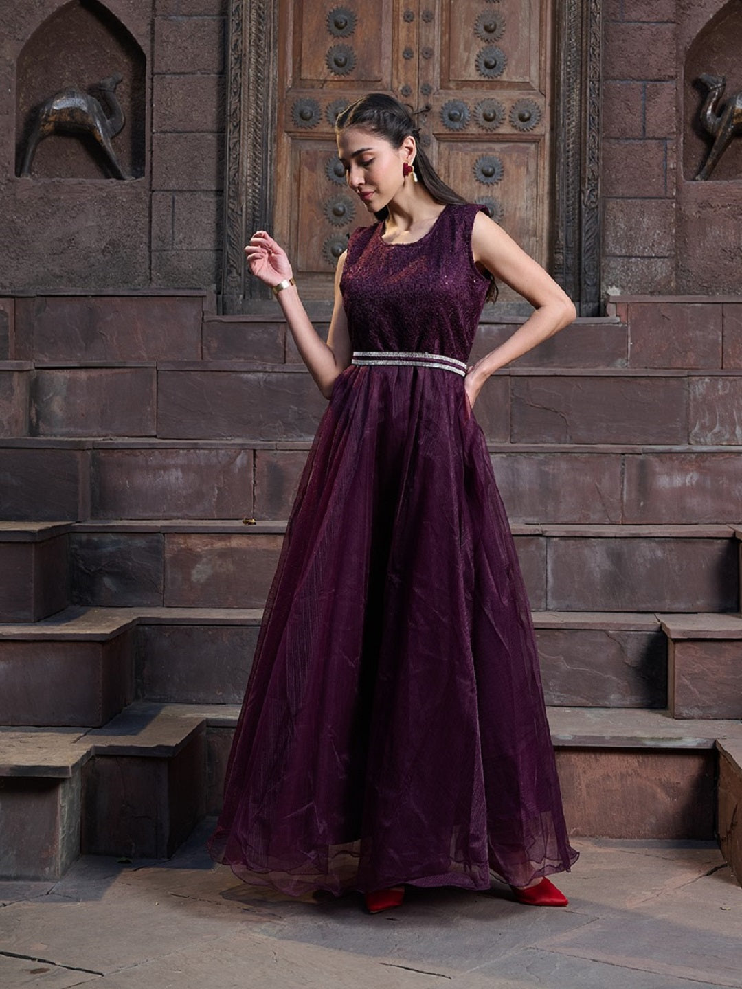 Wine Solid & Embroidered Party Wear Satin Gown