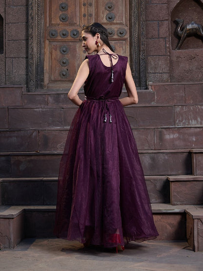 Wine Solid & Embroidered Party Wear Satin Gown (Pre-Order)