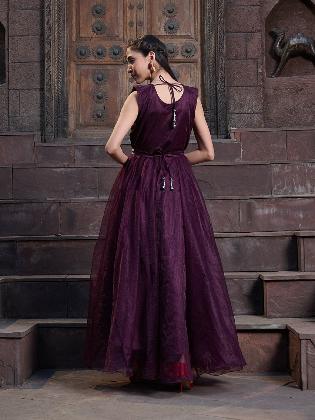 Wine Solid &amp; Embroidered Party Wear Satin Gown