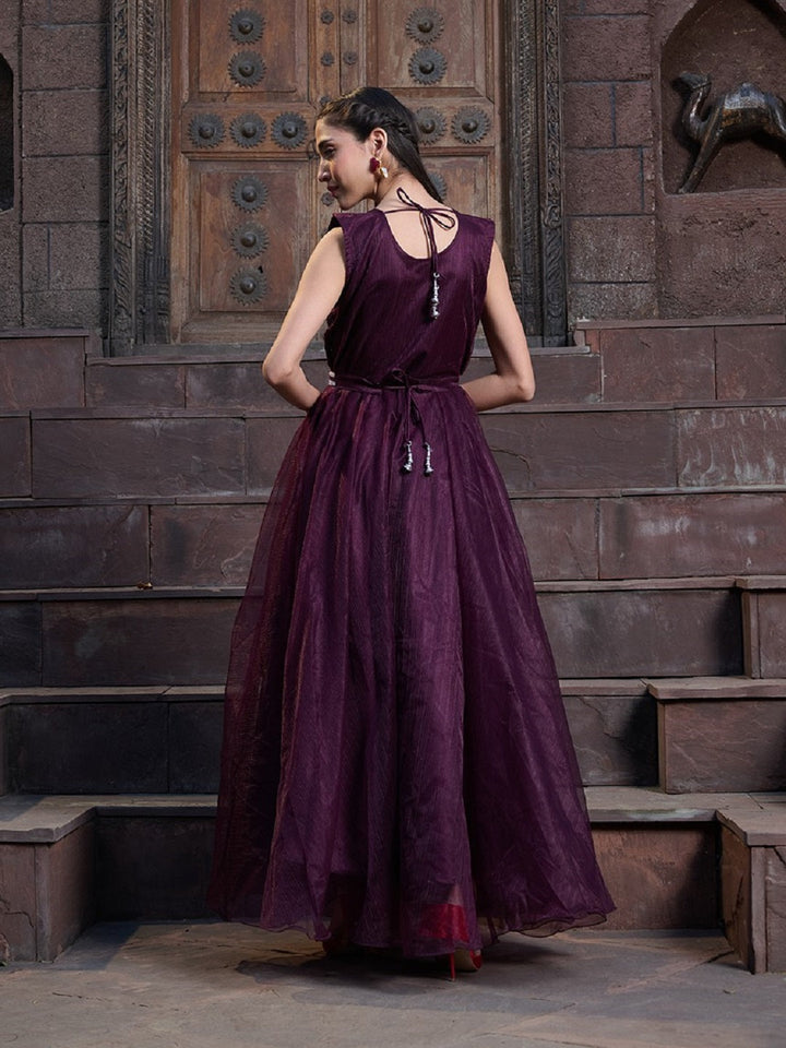 Wine Solid &amp; Embroidered Party Wear Satin Gown