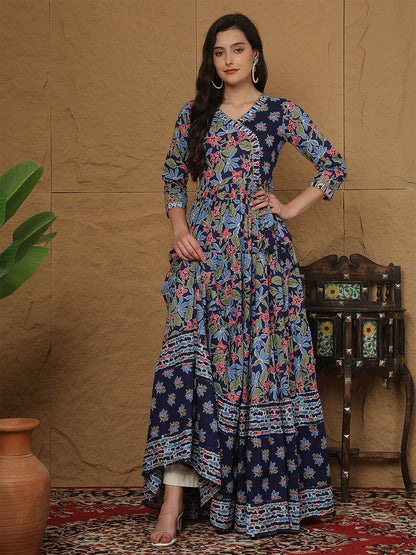 Women Rayon Printed Ankle Length Three-Quarter Sleeves V-Neck Angrakha Tiered Kurta