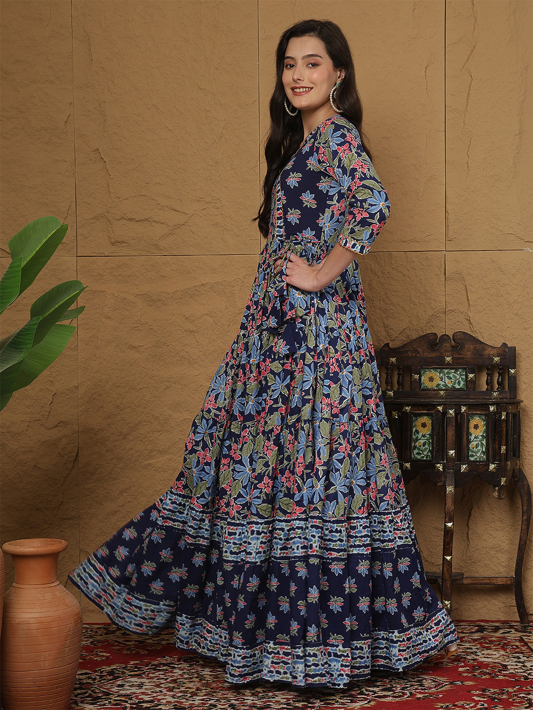 Women Rayon Printed Ankle Length Three-Quarter Sleeves V-Neck Angrakha Tiered Kurta