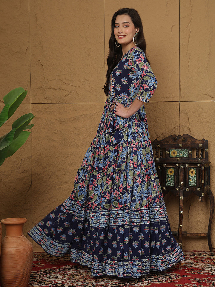 Women Rayon Printed Ankle Length Three-Quarter Sleeves V-Neck Angrakha Tiered Kurta